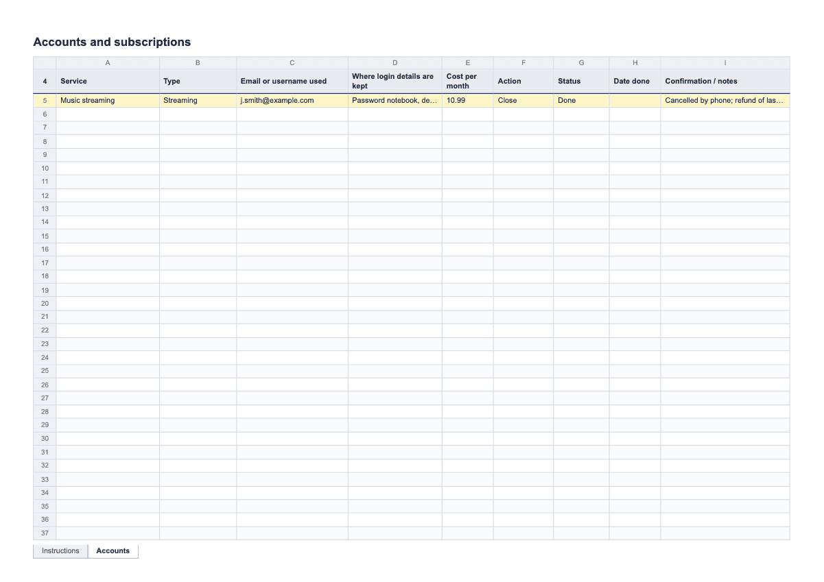 Accounts and Subscriptions to Close, A4 spreadsheet preview