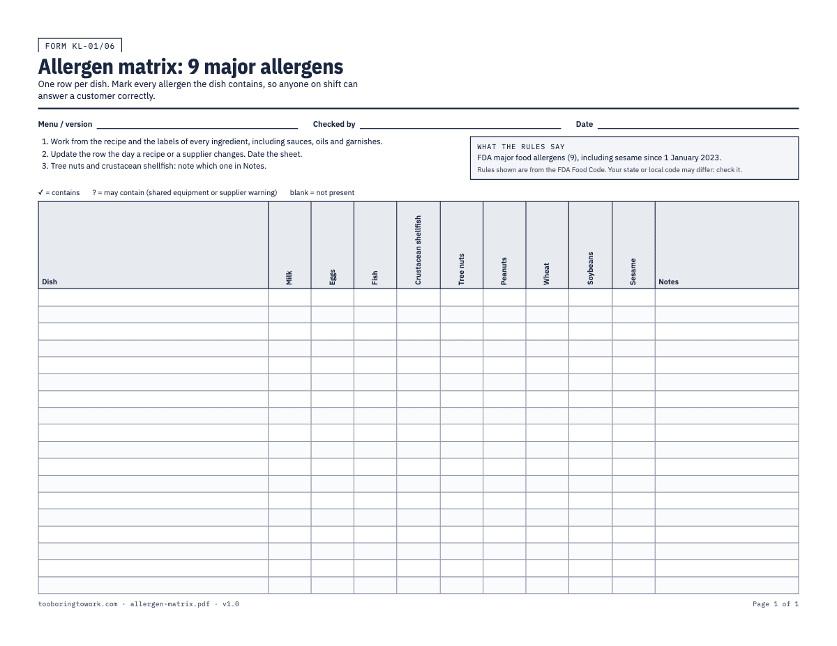 Allergen Matrix (9 Major Allergens), Letter printable PDF preview