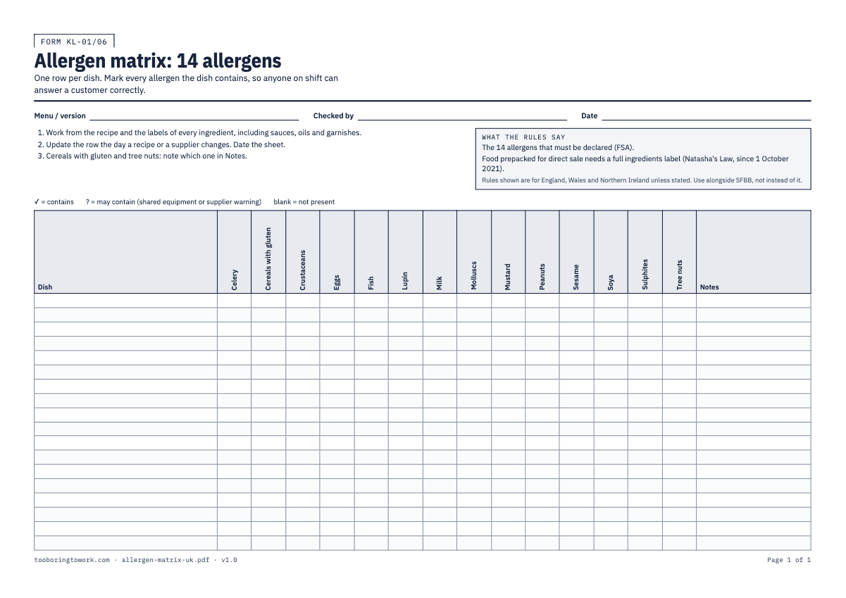 14 Allergens Matrix, A4 printable PDF preview