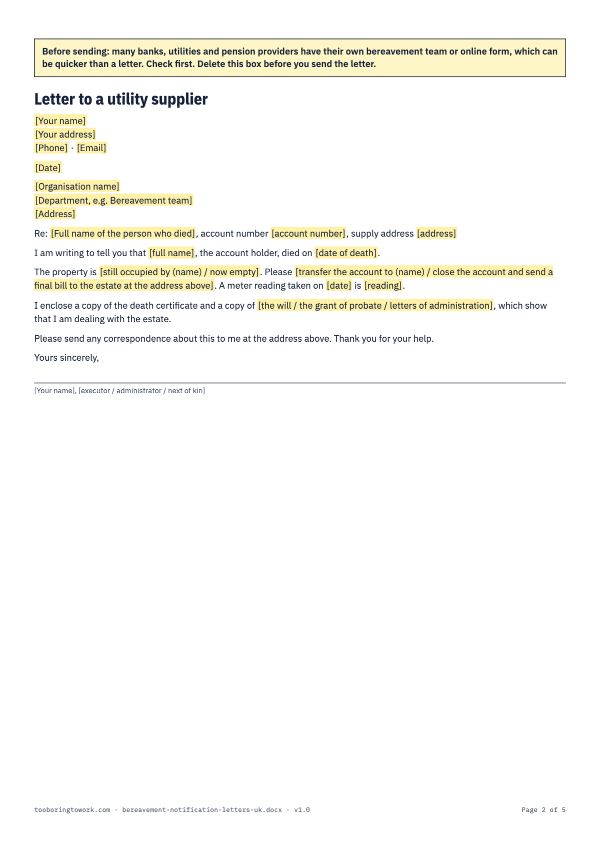 Bereavement Notification Letters, A4 spreadsheet preview, page 2