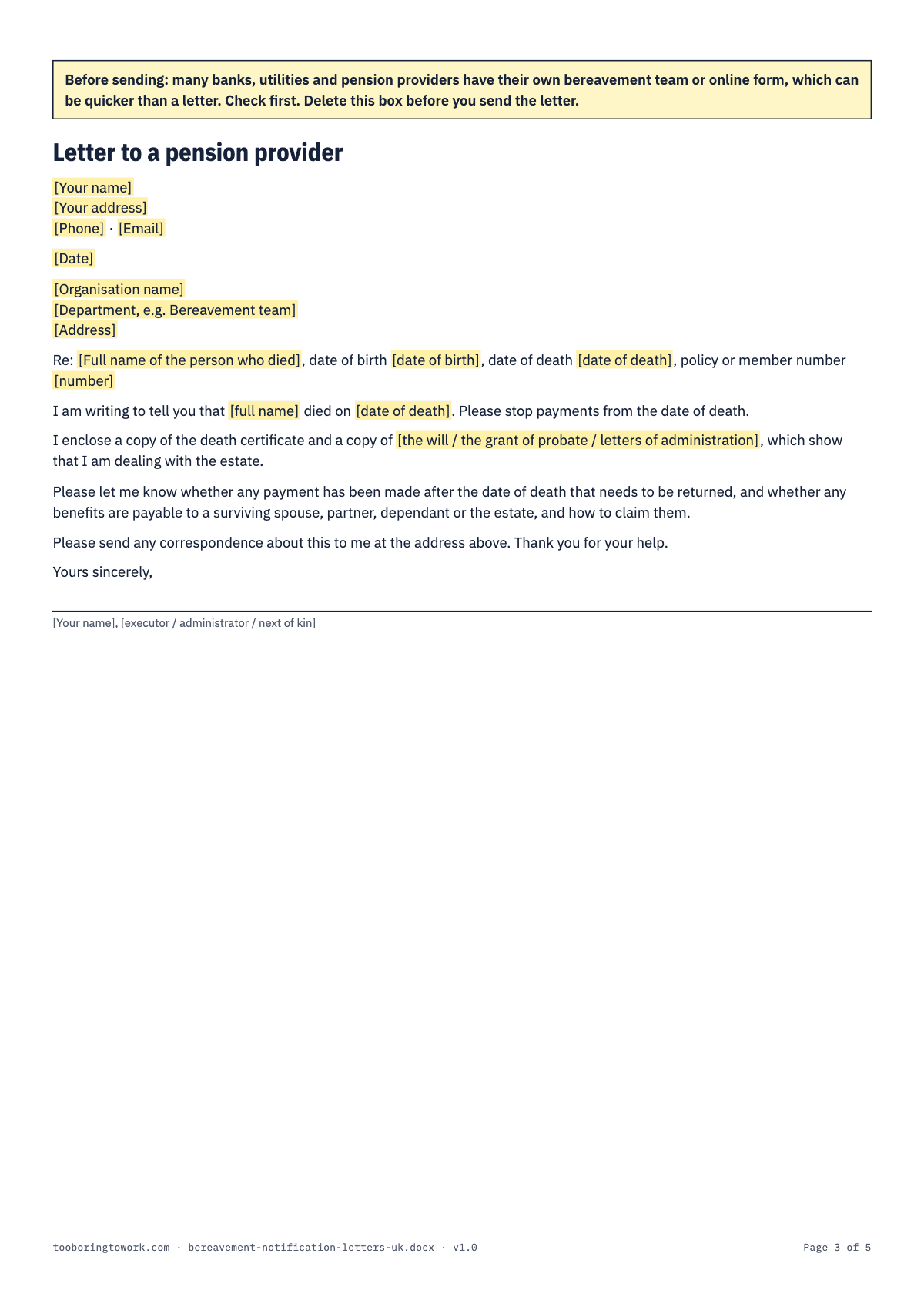 Bereavement Notification Letters, A4 spreadsheet preview, page 3