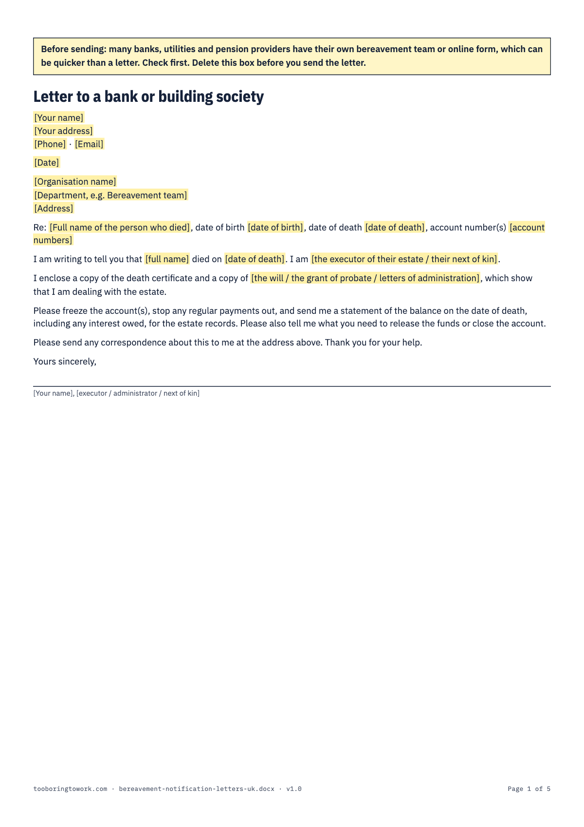Bereavement Notification Letters, A4 spreadsheet preview