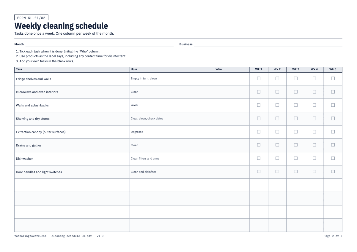 Kitchen Cleaning Schedule, A4 printable PDF preview, page 2