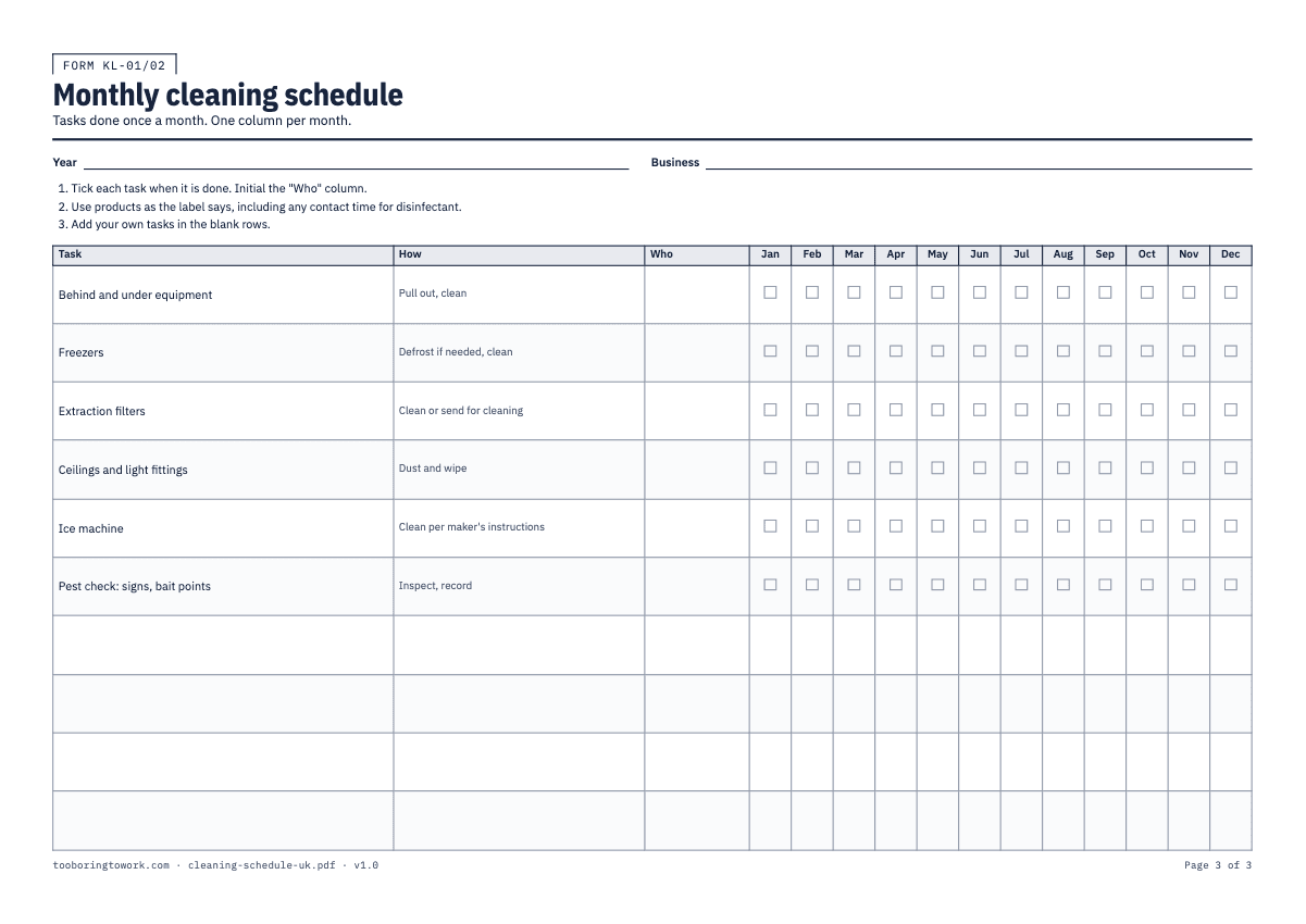 Kitchen Cleaning Schedule, A4 printable PDF preview, page 3