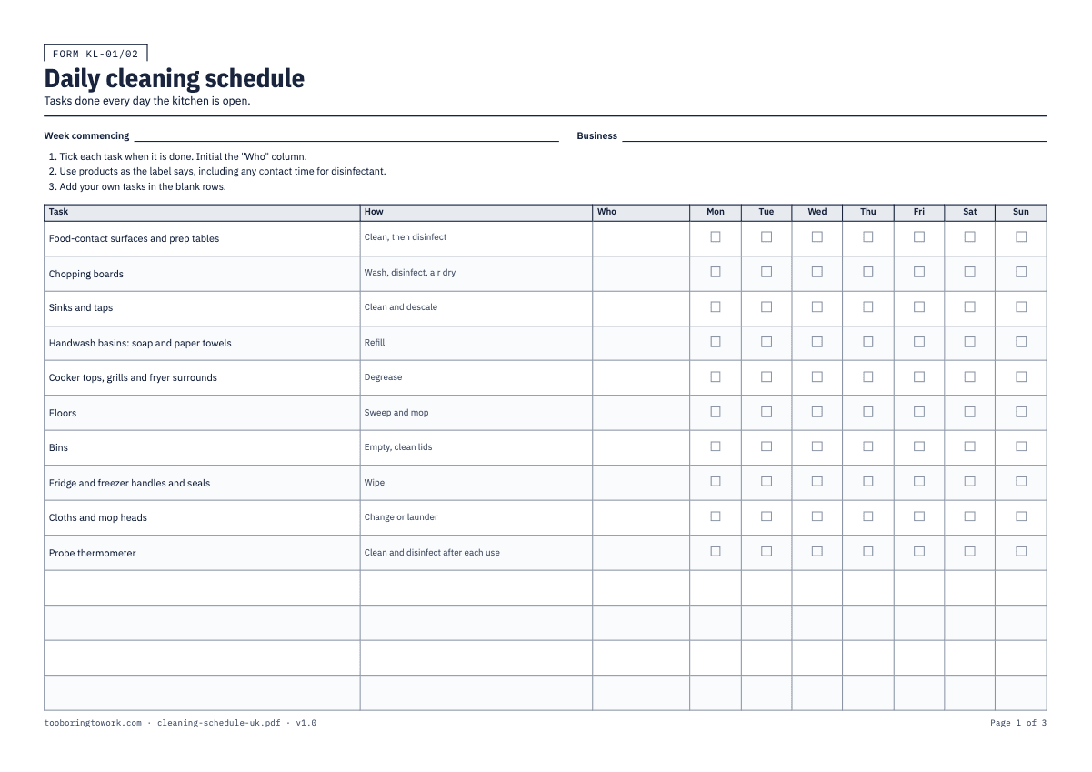 Kitchen Cleaning Schedule, A4 printable PDF preview