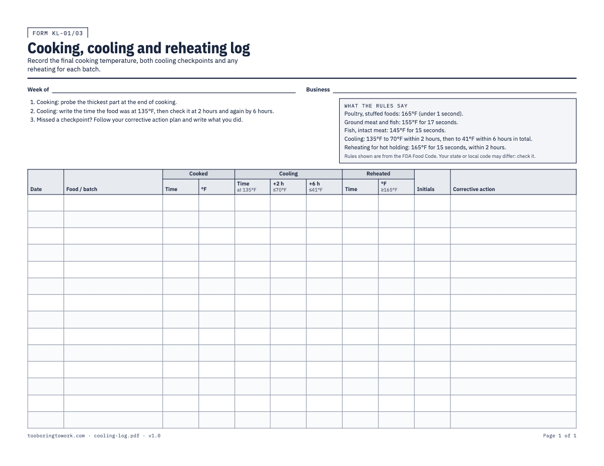 Cooking, Cooling and Reheating Log, Letter printable PDF preview