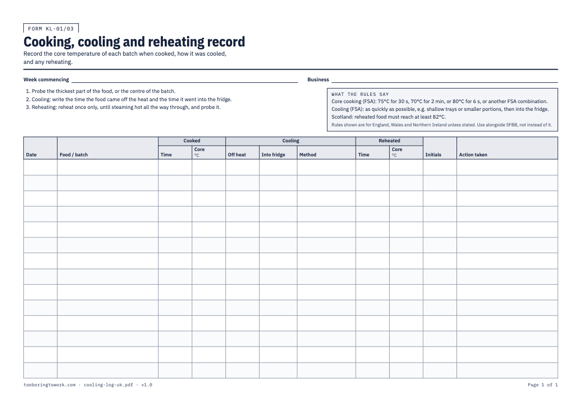 Cooking, Cooling and Reheating Record, A4 printable PDF preview