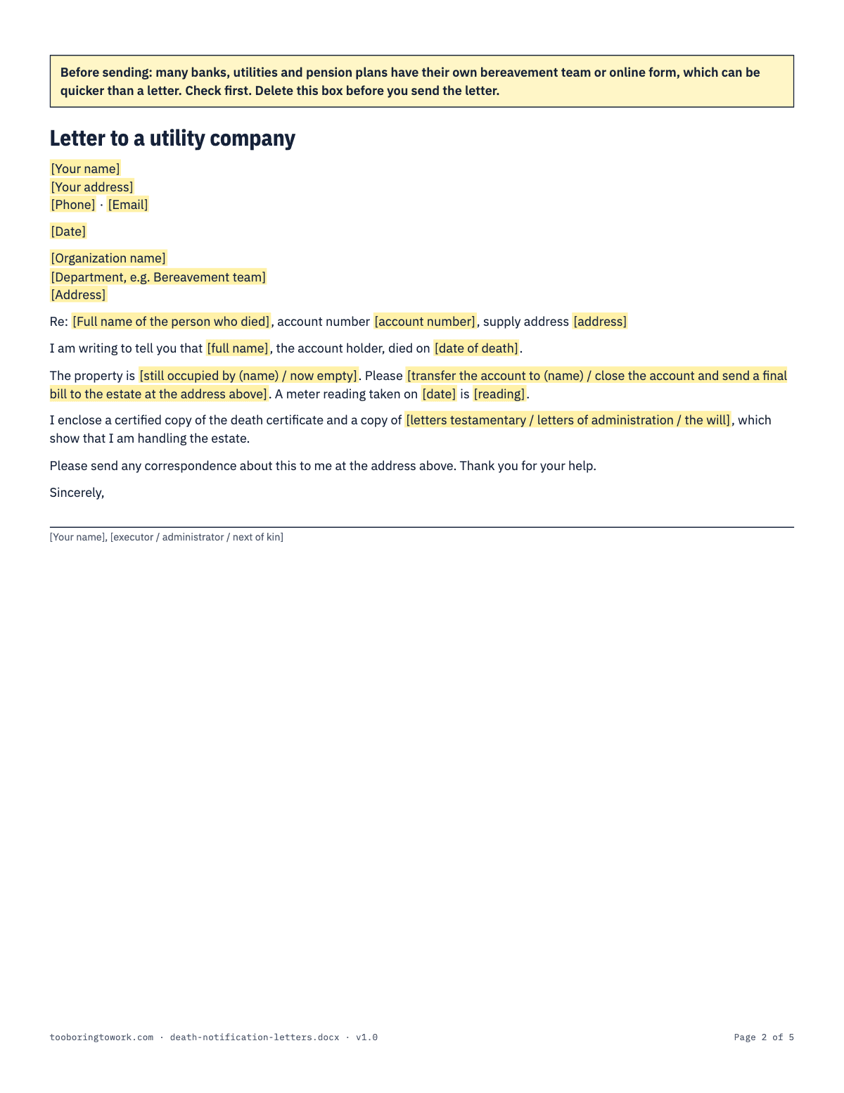 Death Notification Letters, Letter spreadsheet preview, page 2