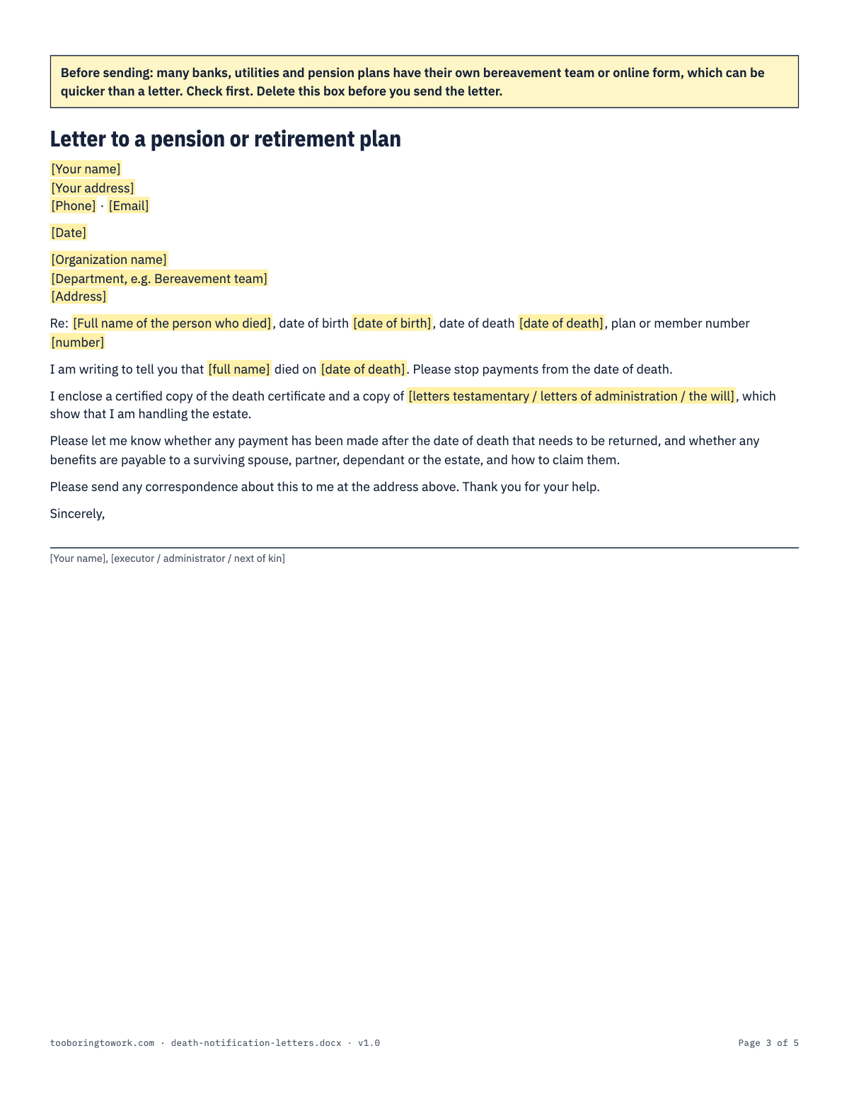 Death Notification Letters, Letter spreadsheet preview, page 3
