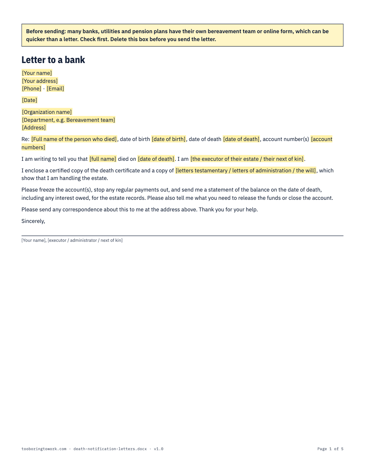 Death Notification Letters, Letter spreadsheet preview