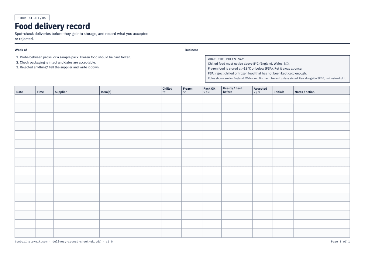 Food Delivery Record Sheet, A4 printable PDF preview