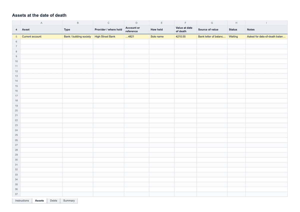 Estate Assets and Debts Register, A4 spreadsheet preview
