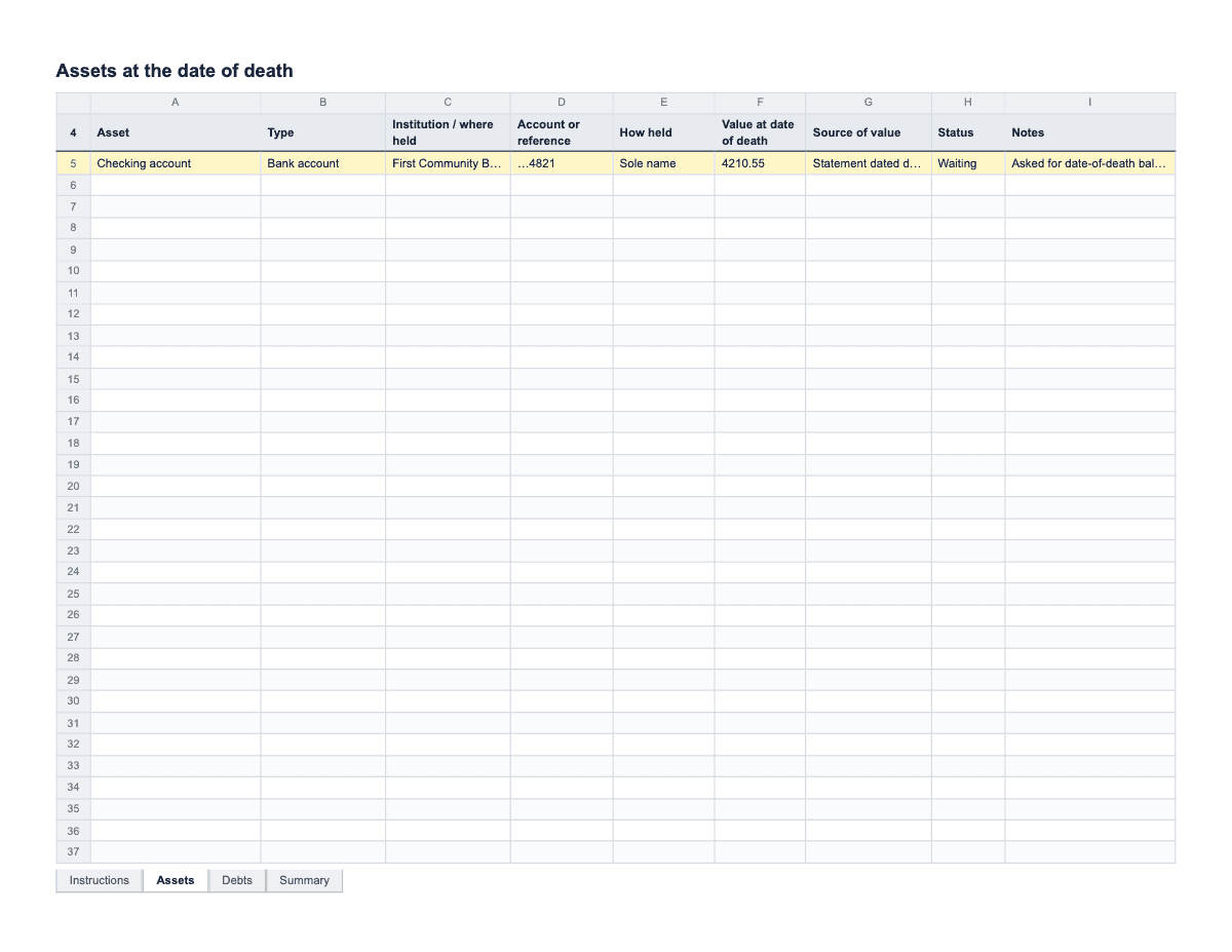 Estate Inventory: Assets and Debts Register, Letter spreadsheet preview