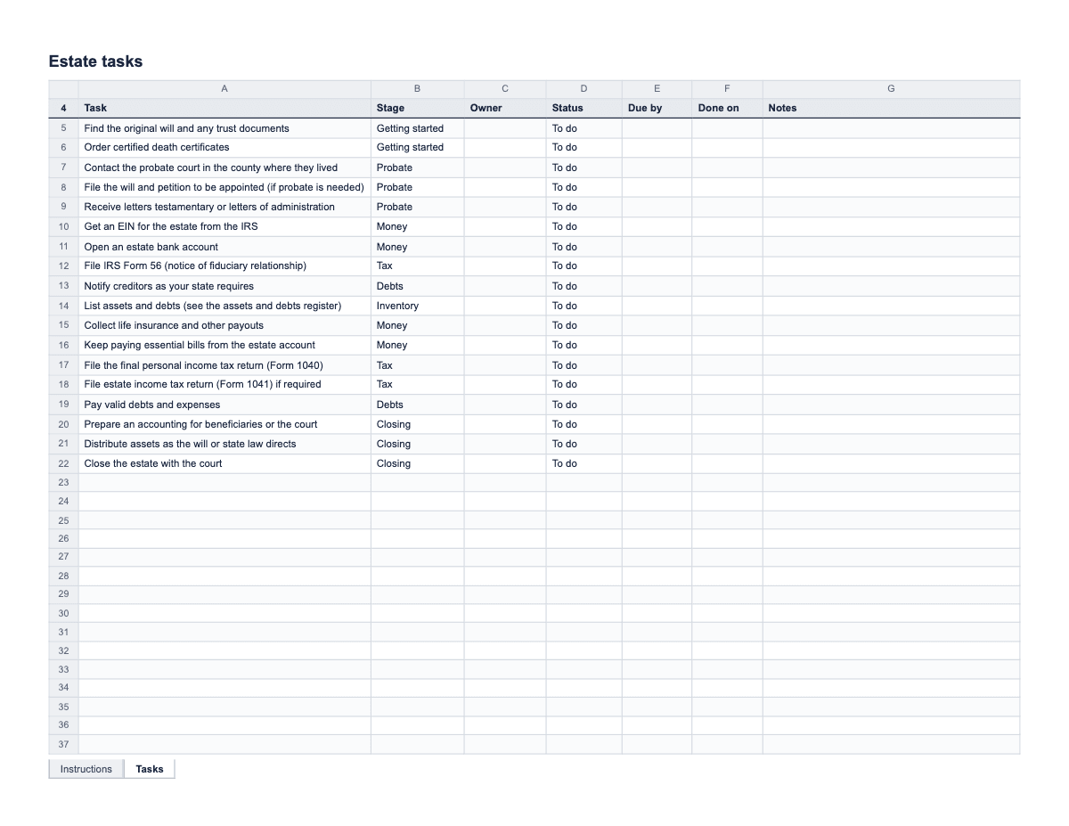 Estate Task Tracker, Letter spreadsheet preview