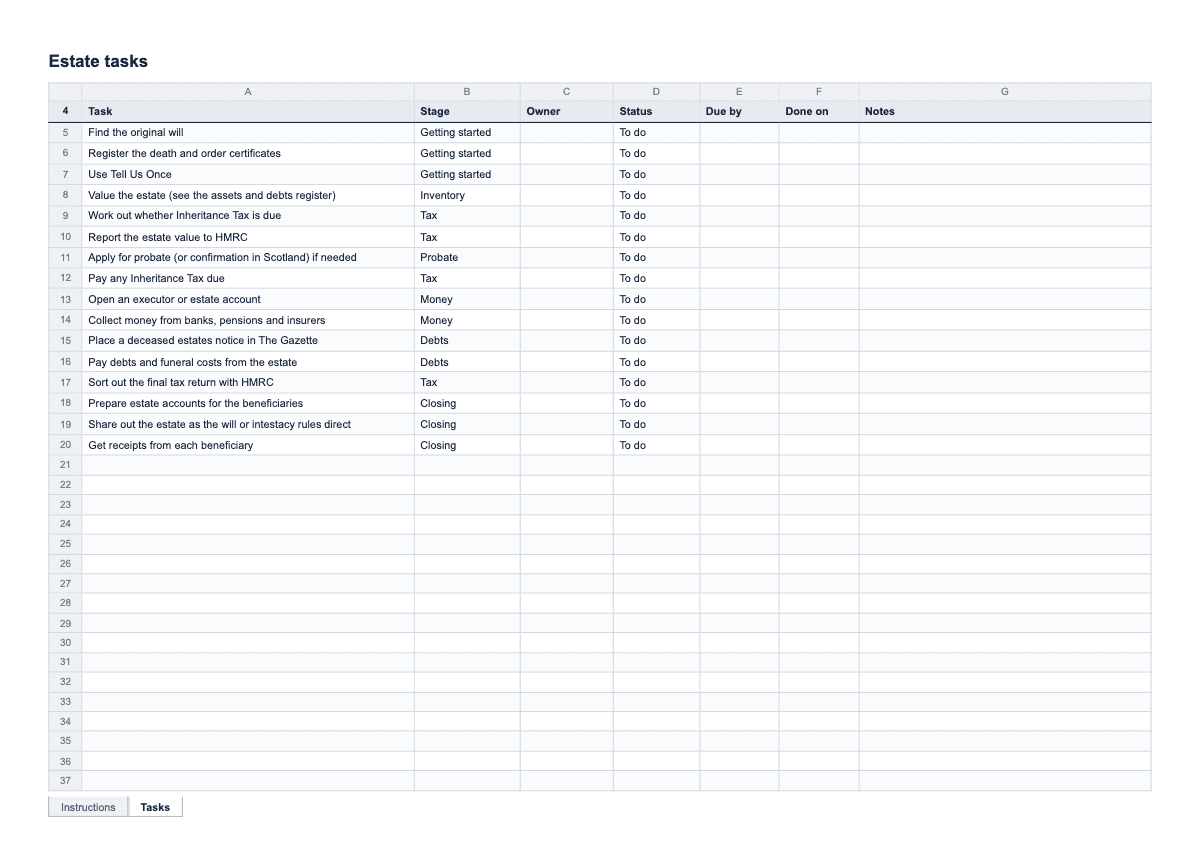 Estate Administration Task List, A4 spreadsheet preview
