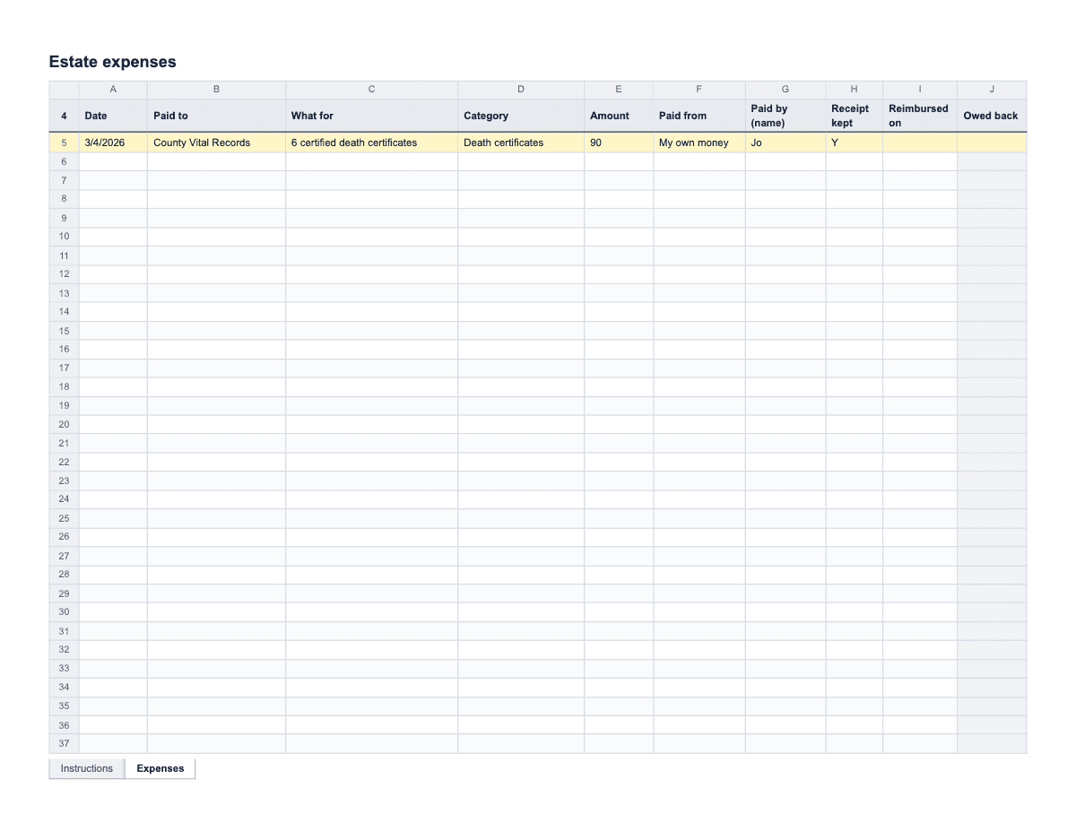 Executor Expense and Reimbursement Log, Letter spreadsheet preview
