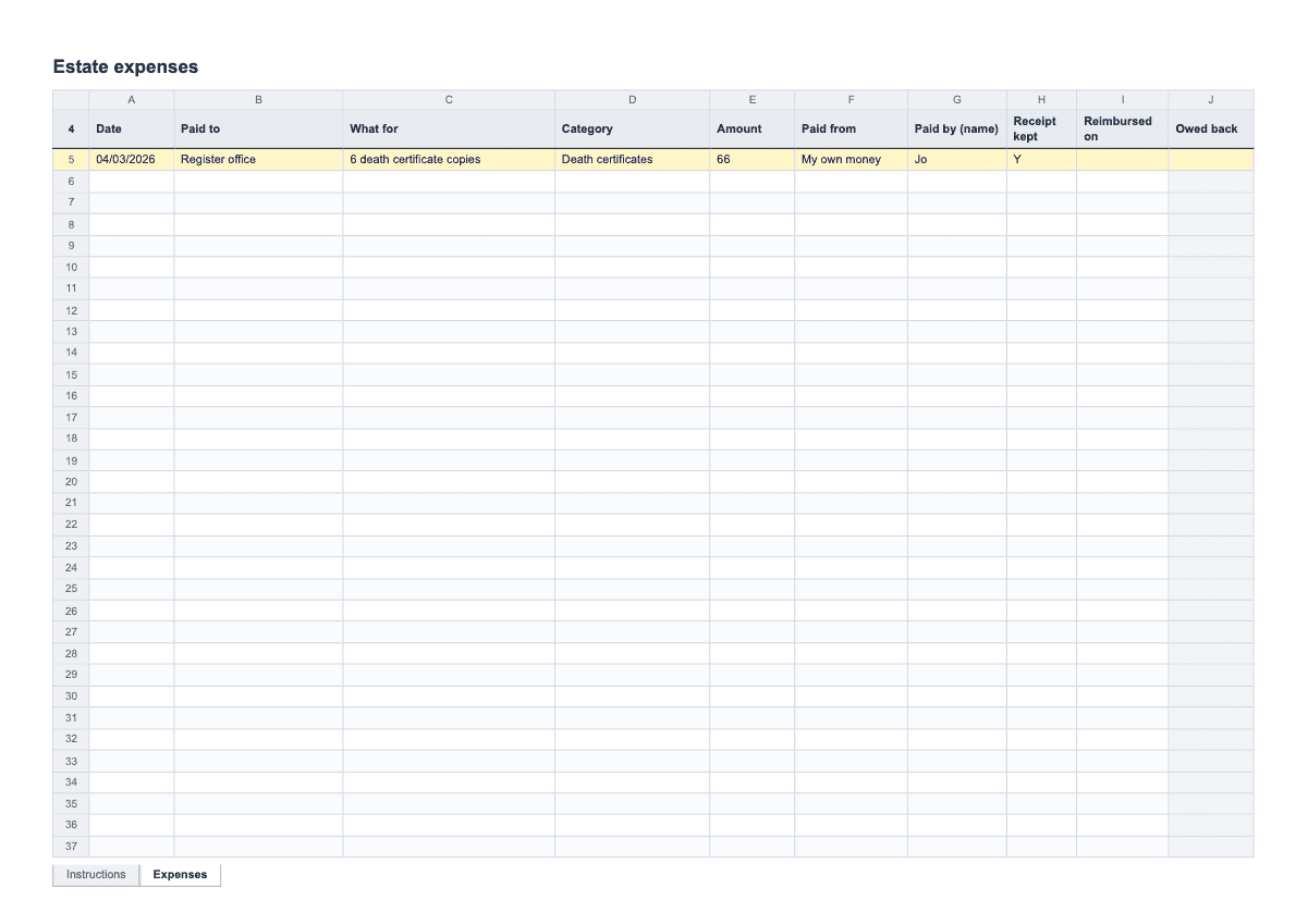Executor Expenses Log, A4 spreadsheet preview