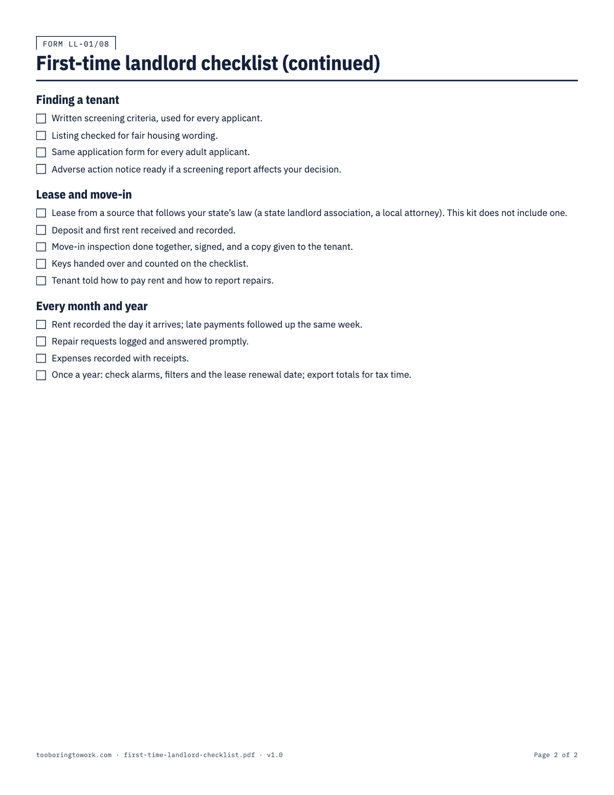 First-Time Landlord Setup Checklist, Letter printable PDF preview, page 2