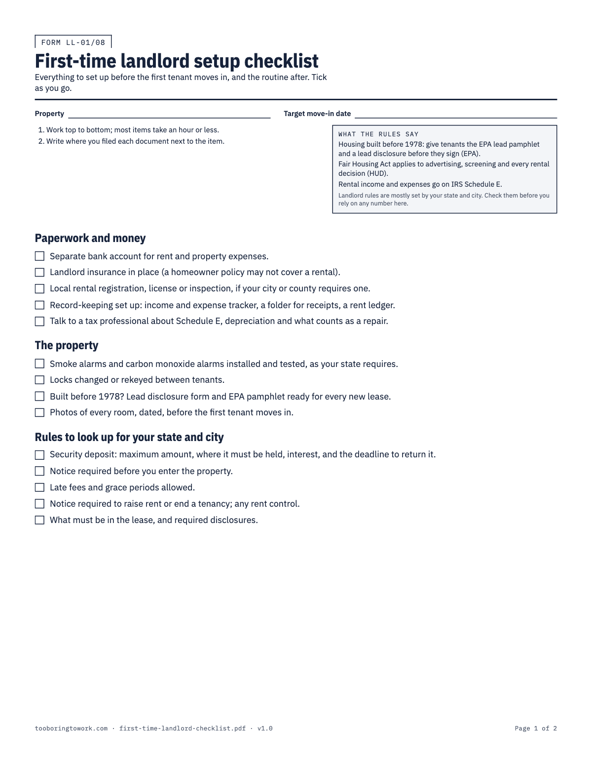 First-Time Landlord Setup Checklist, Letter printable PDF preview