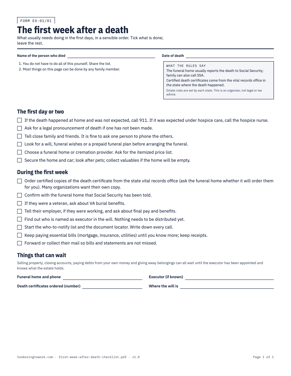 First Week After a Death Checklist, Letter printable PDF preview