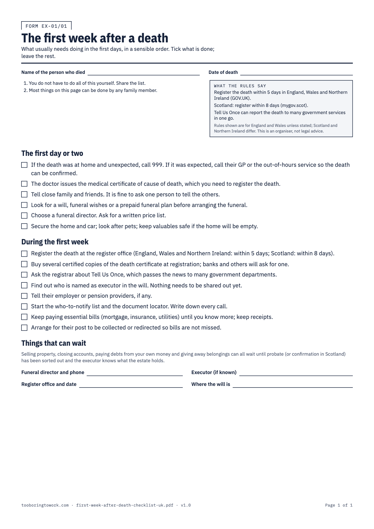 First Week After a Death Checklist, A4 printable PDF preview