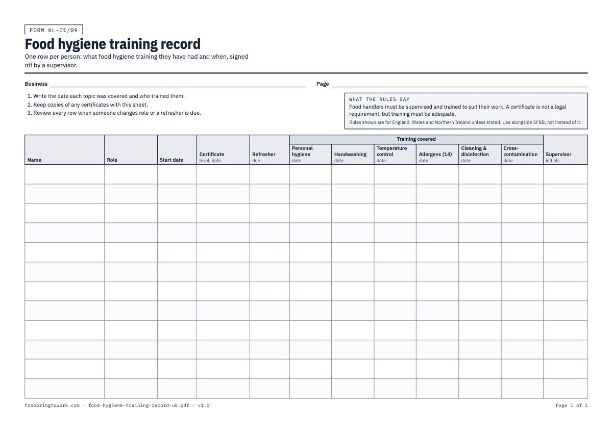 Food Hygiene Training Record, A4 printable PDF preview
