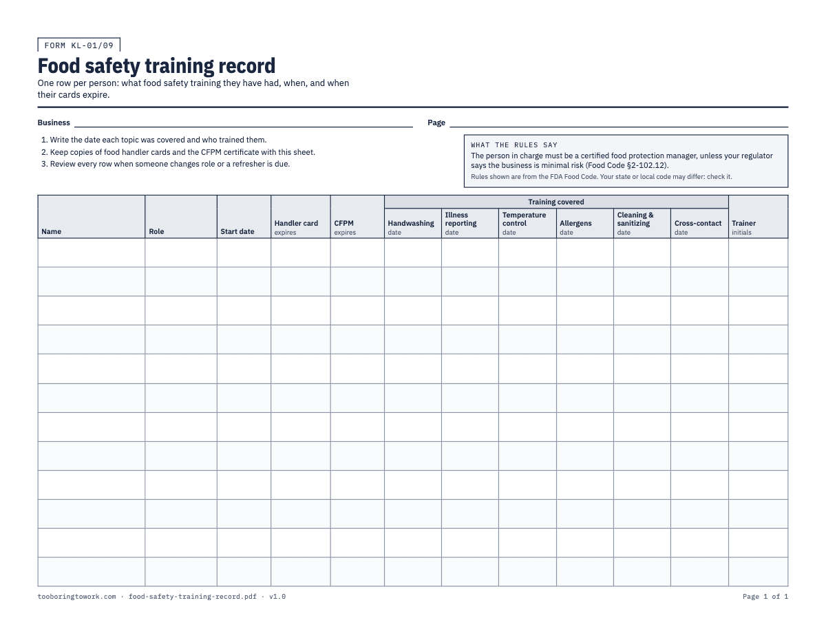Food Safety Training Record, Letter printable PDF preview