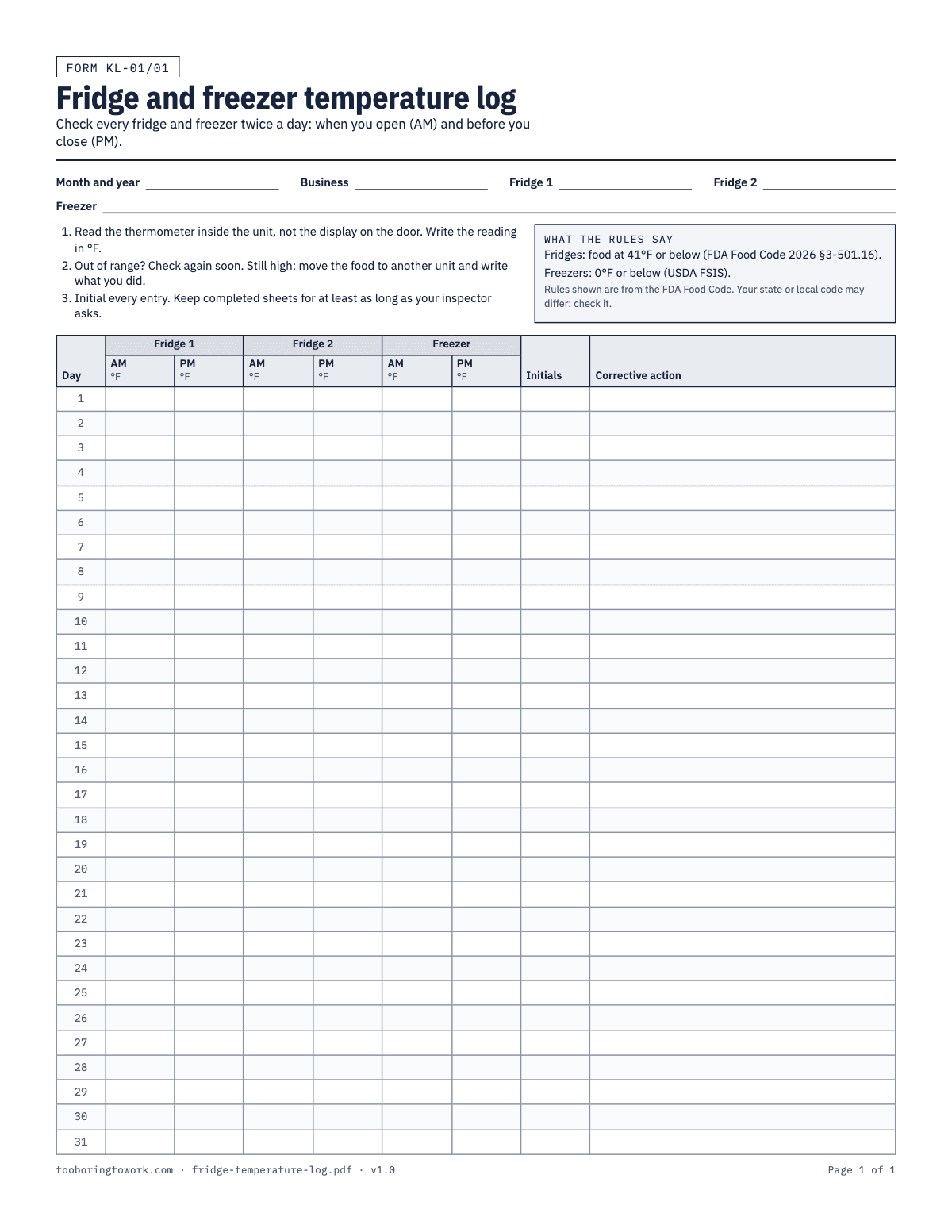 Fridge and Freezer Temperature Log, Letter printable PDF preview