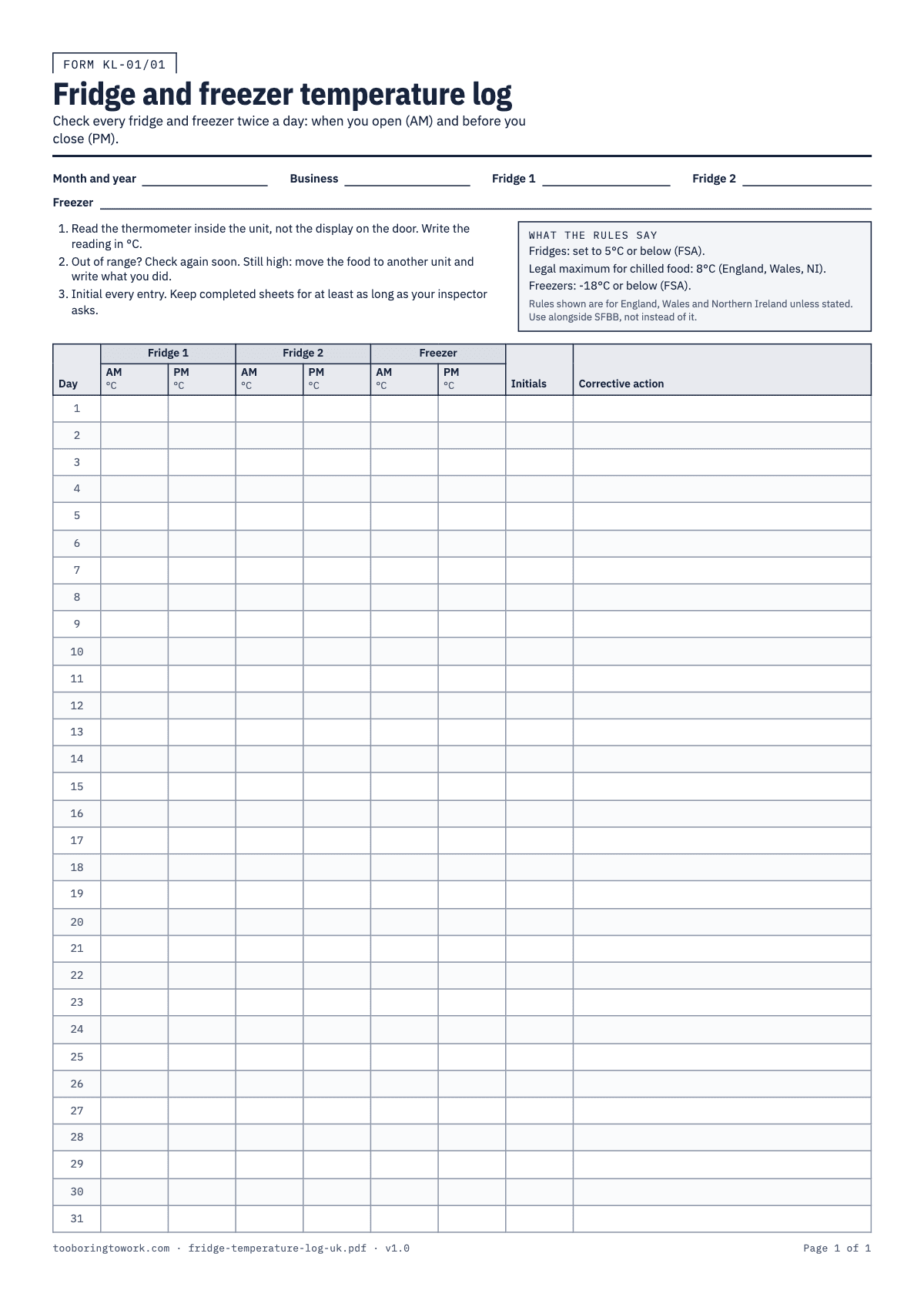 Fridge and Freezer Temperature Record Sheet, A4 printable PDF preview