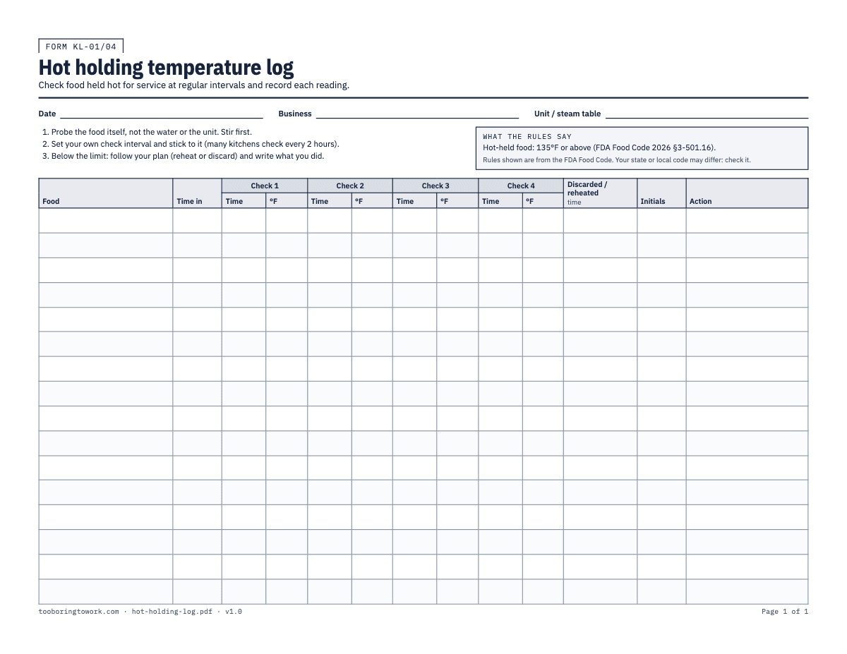 Hot Holding Temperature Log, Letter printable PDF preview