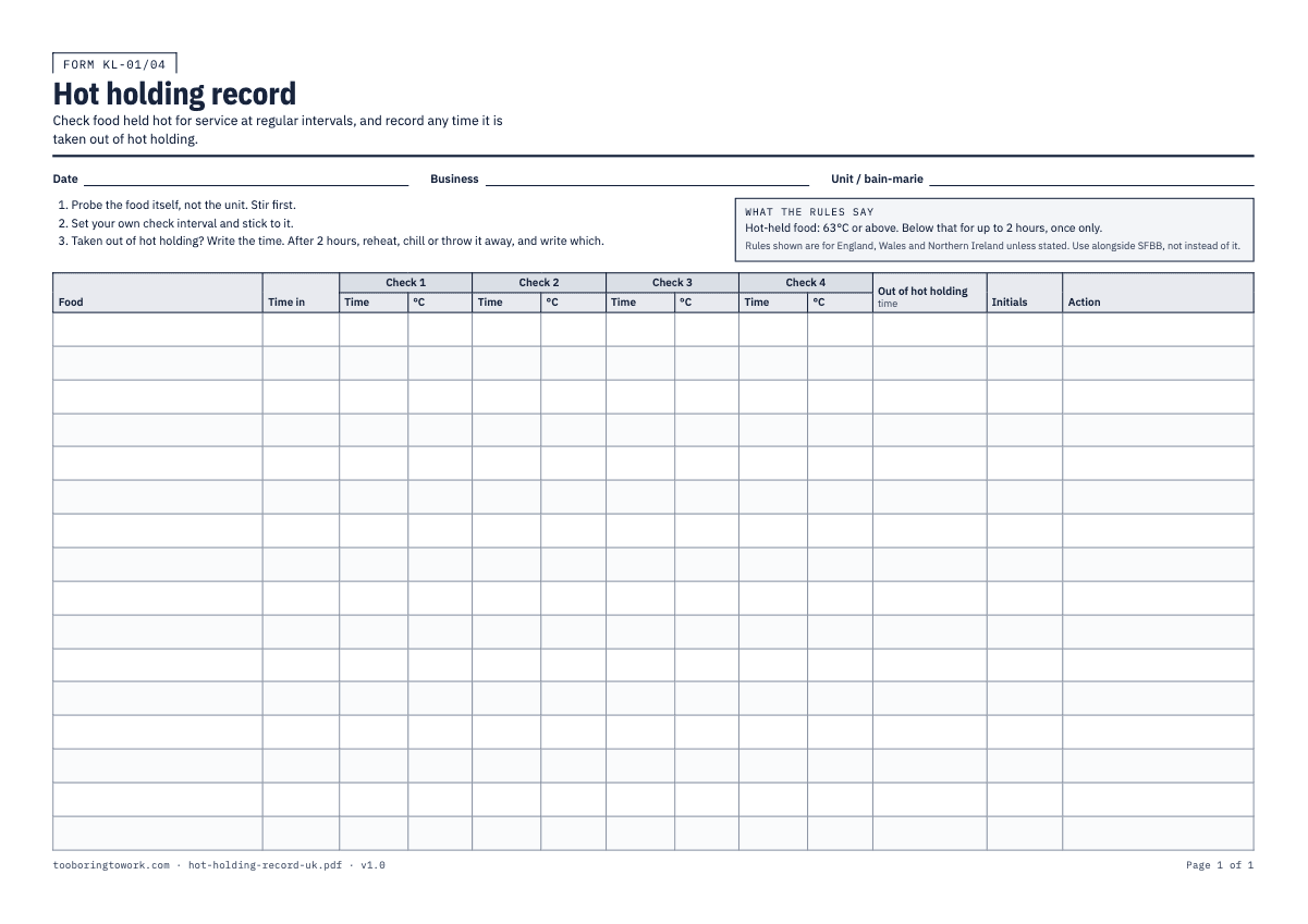 Hot Holding Record Sheet, A4 printable PDF preview