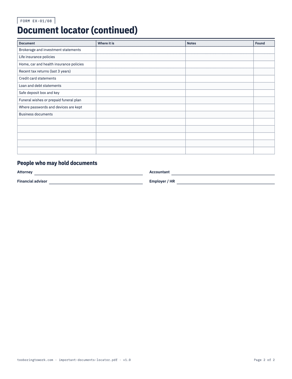 Important Documents Locator, Letter printable PDF preview, page 2