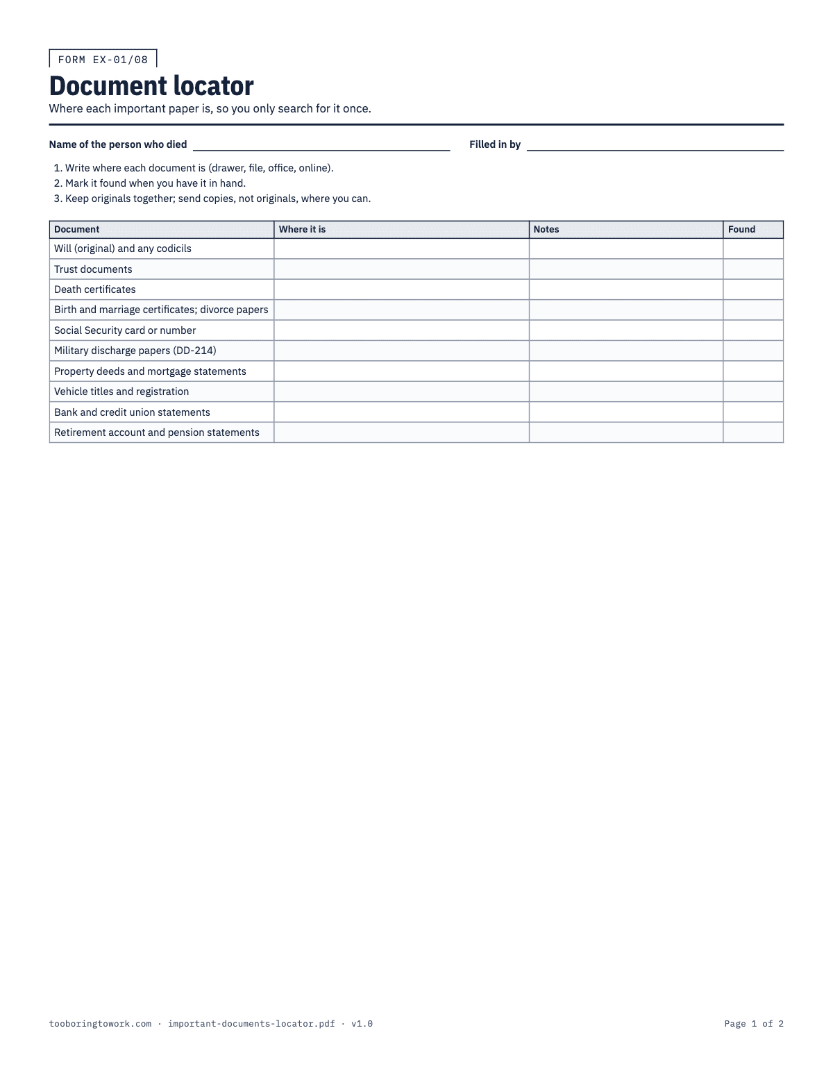 Important Documents Locator, Letter printable PDF preview