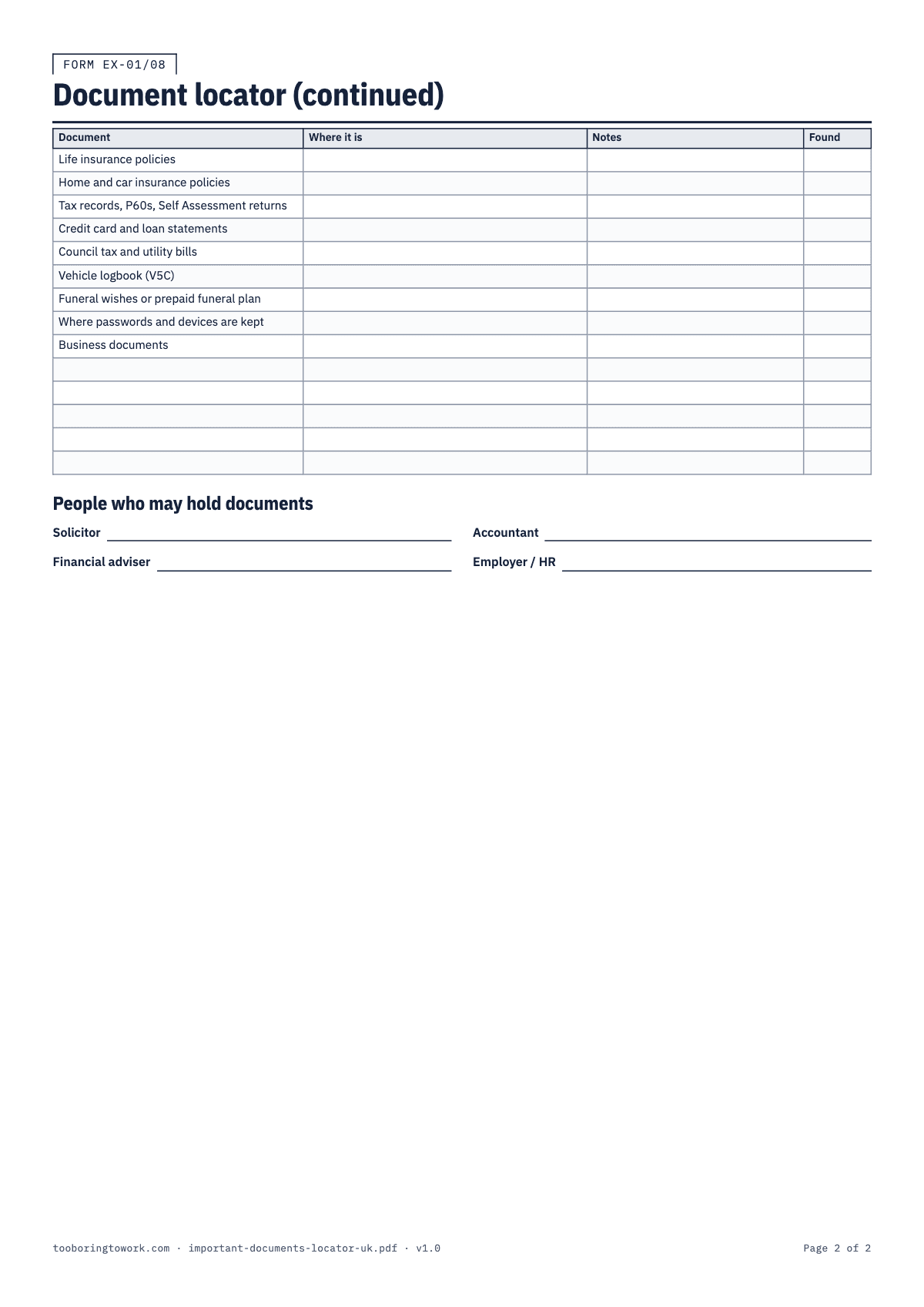 Important Documents Locator, A4 printable PDF preview, page 2
