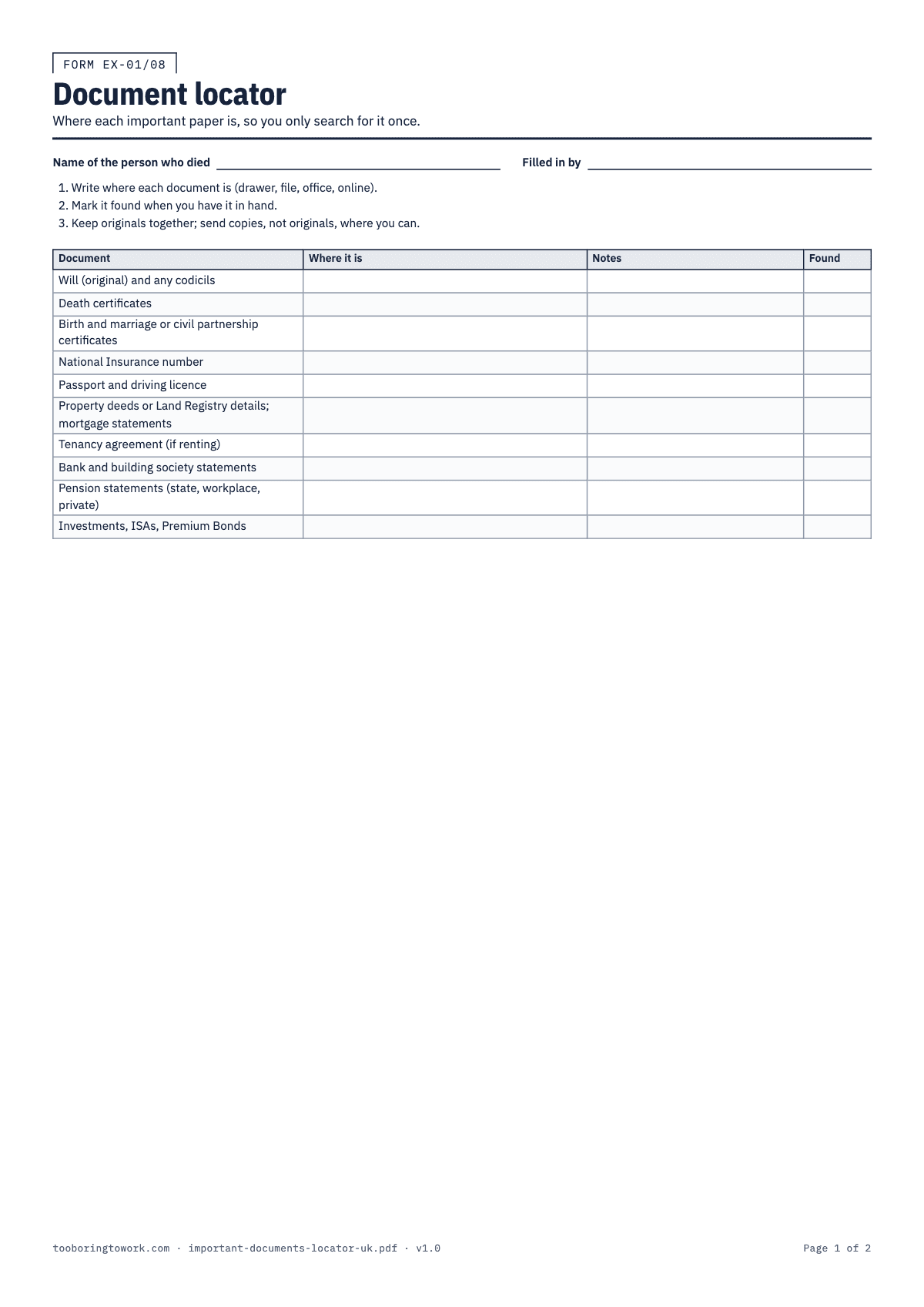Important Documents Locator, A4 printable PDF preview