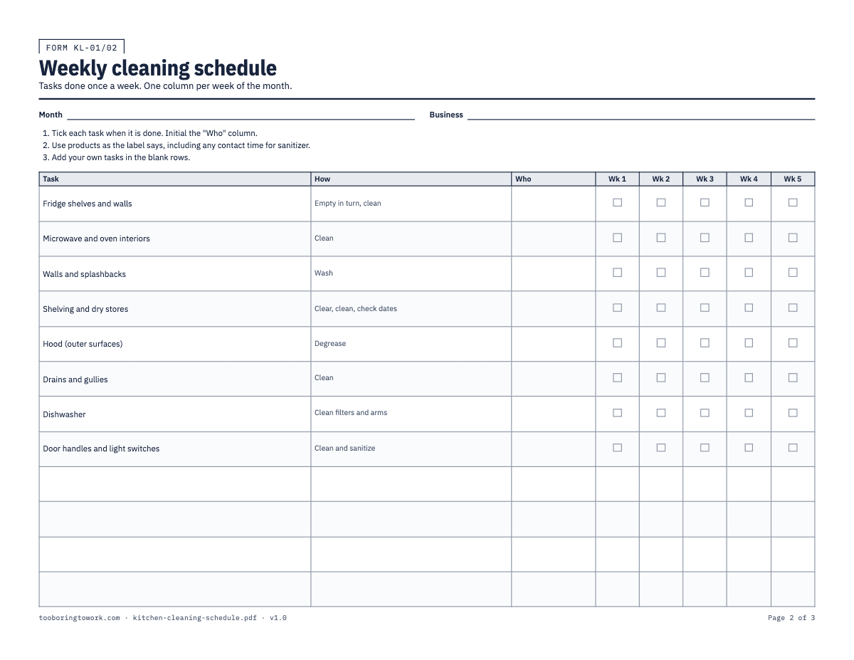 Restaurant Kitchen Cleaning Schedule, Letter printable PDF preview, page 2