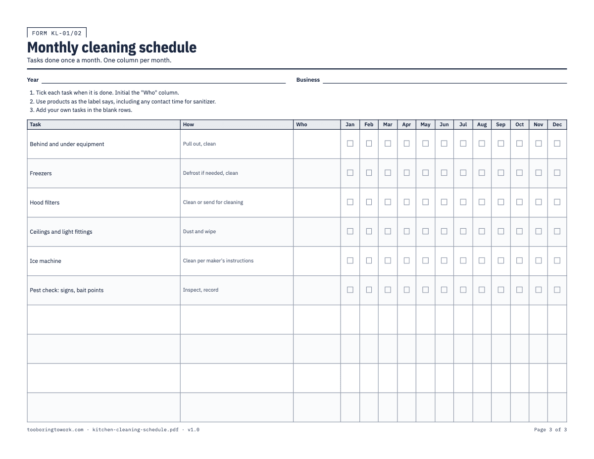 Restaurant Kitchen Cleaning Schedule, Letter printable PDF preview, page 3