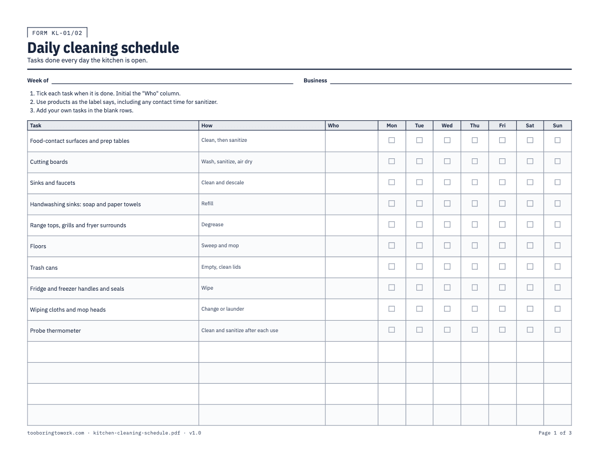 Restaurant Kitchen Cleaning Schedule, Letter printable PDF preview