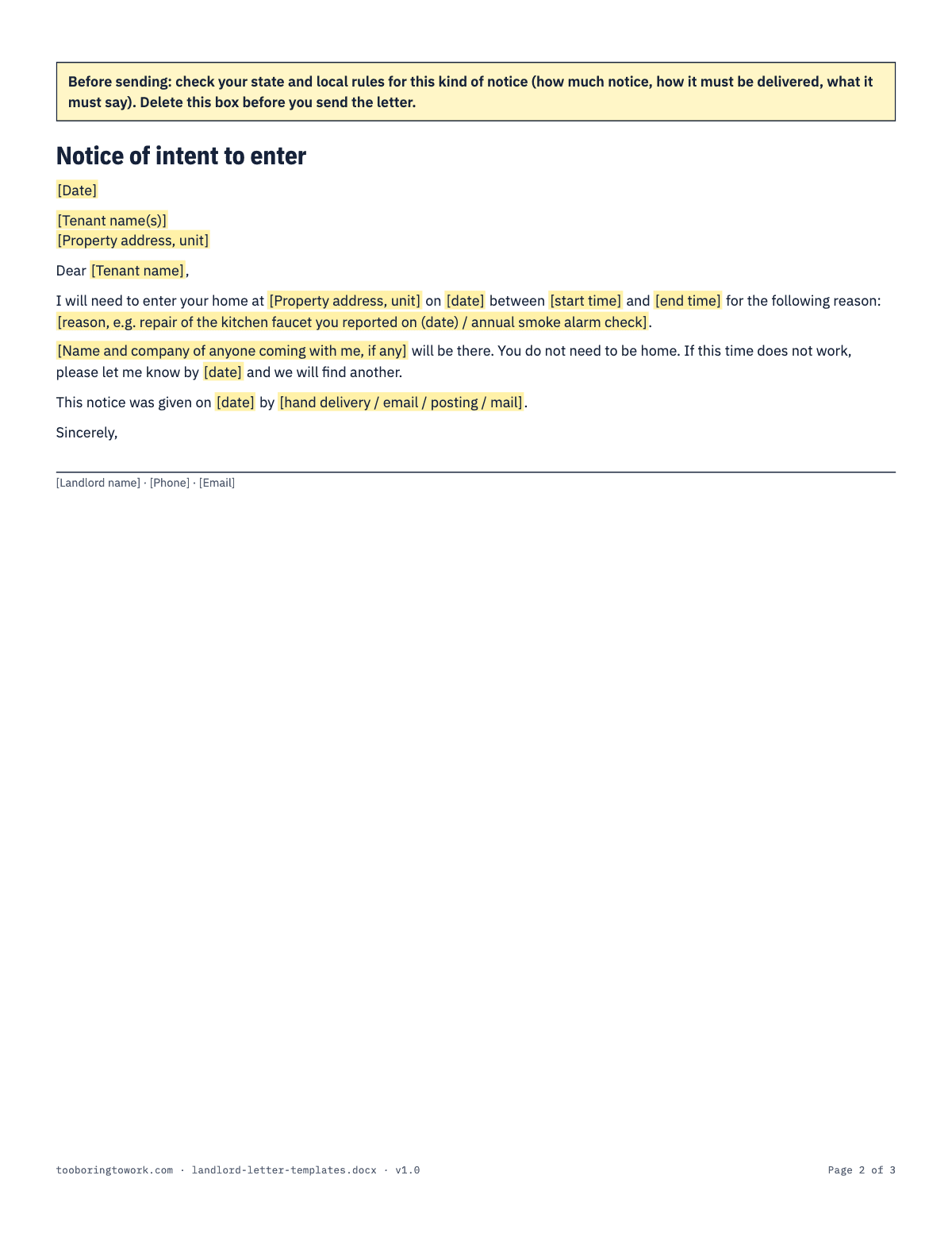 Landlord Letter Pack, Letter spreadsheet preview, page 2