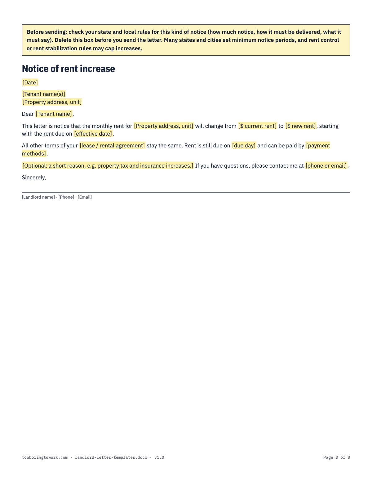 Landlord Letter Pack, Letter spreadsheet preview, page 3