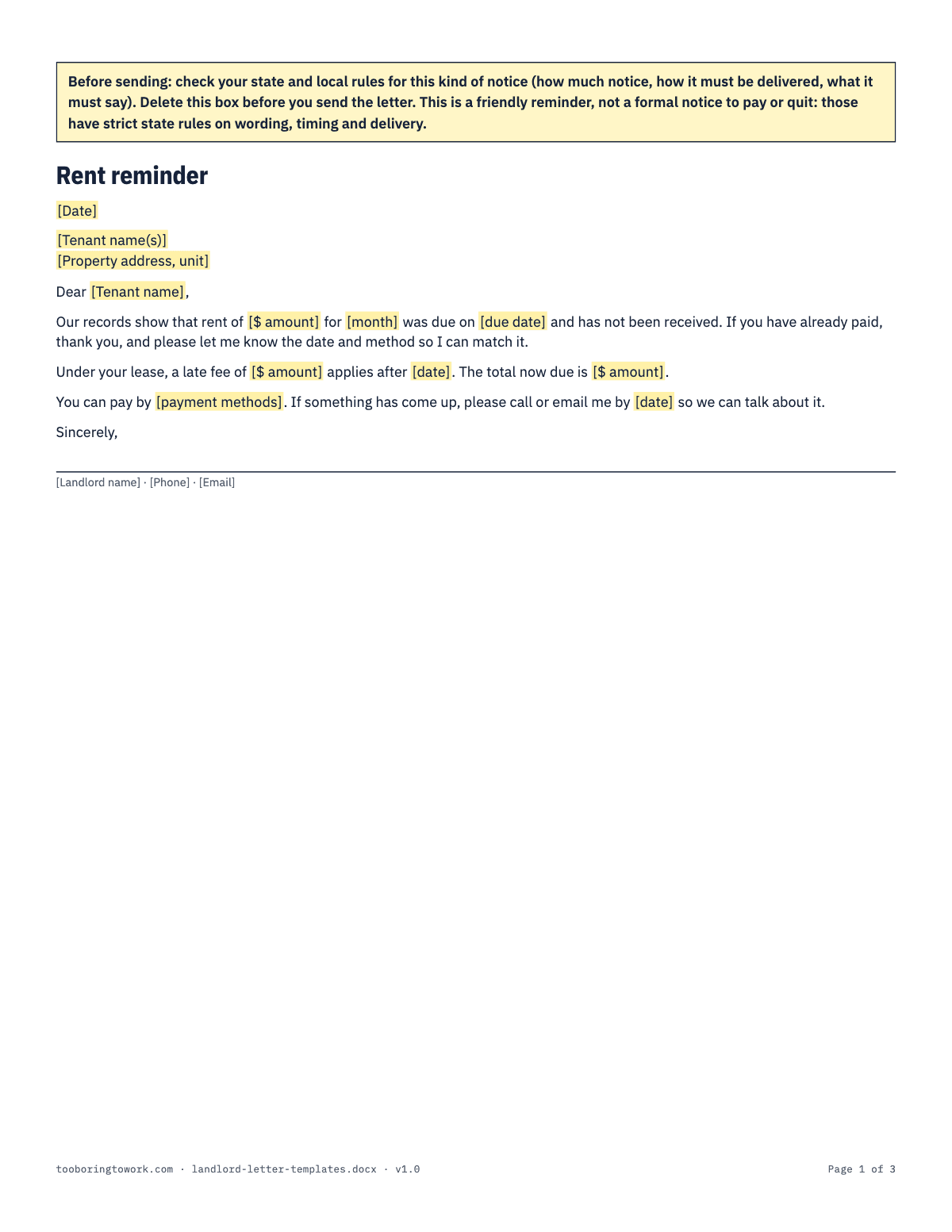 Landlord Letter Pack, Letter spreadsheet preview