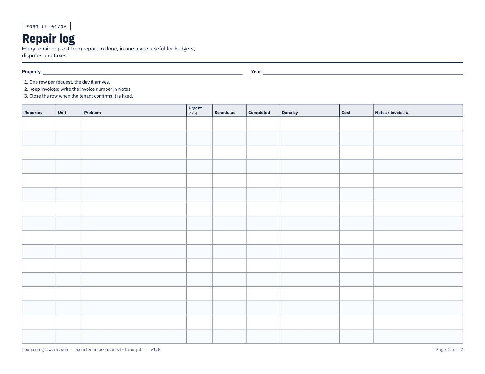Maintenance Request Form and Repair Log, Letter printable PDF preview, page 2
