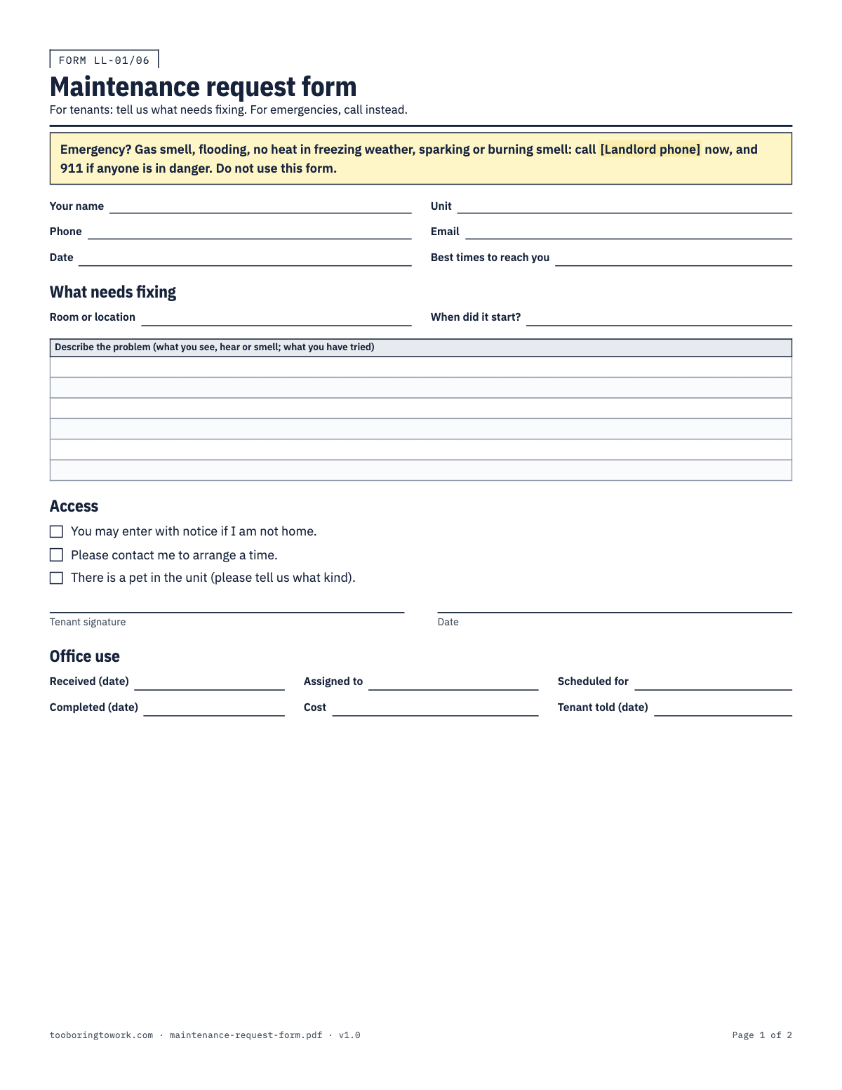 Maintenance Request Form and Repair Log, Letter printable PDF preview