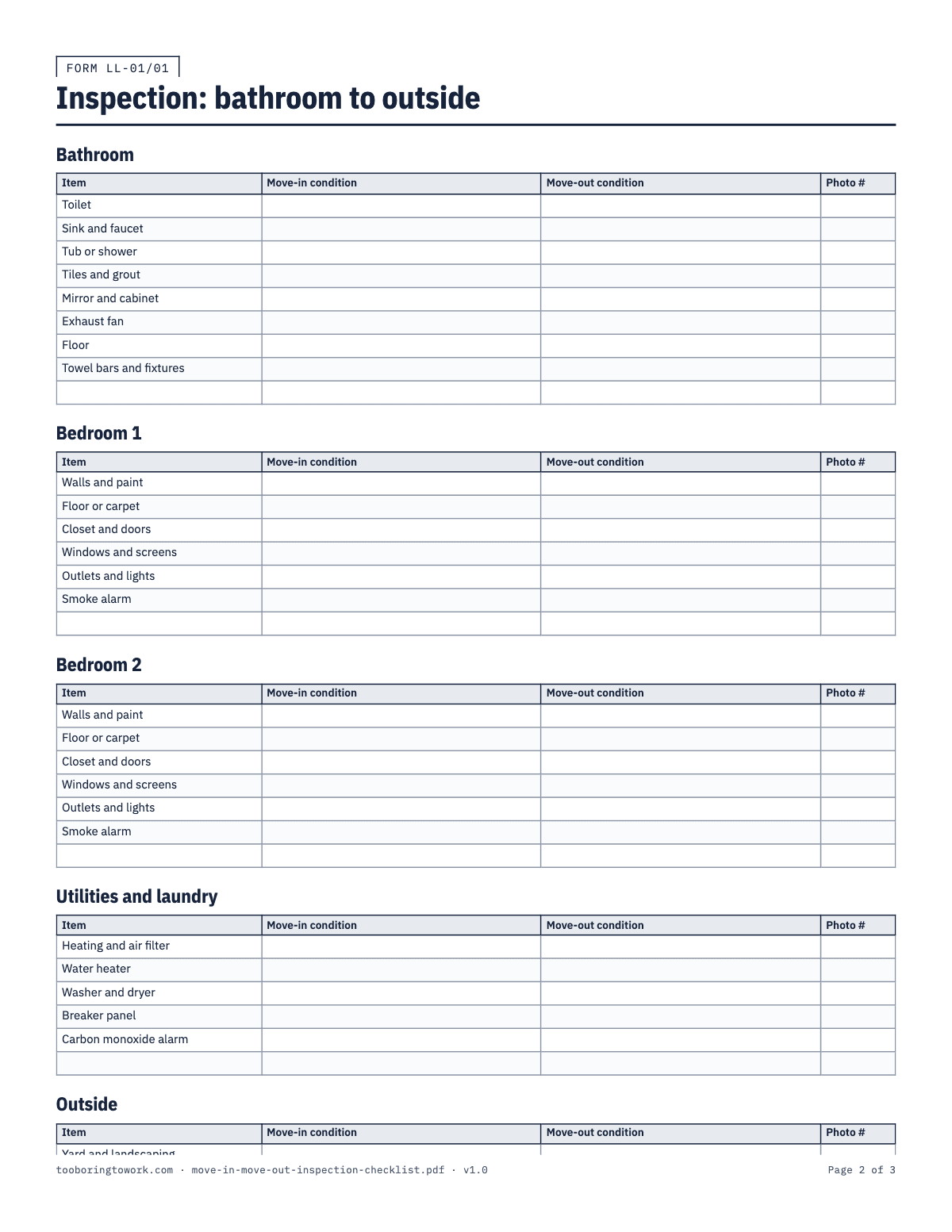 Move-In and Move-Out Inspection Checklist, Letter printable PDF preview, page 2