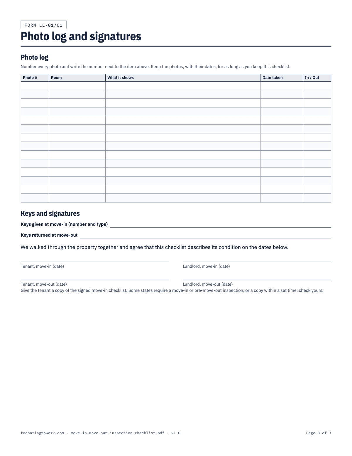 Move-In and Move-Out Inspection Checklist, Letter printable PDF preview, page 3
