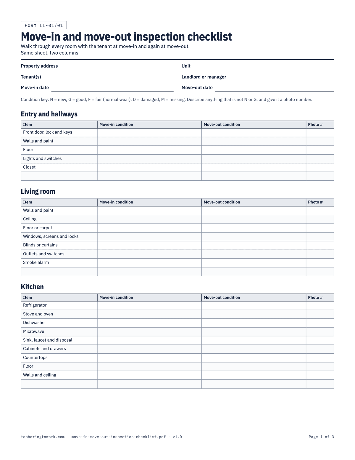 Move-In and Move-Out Inspection Checklist, Letter printable PDF preview
