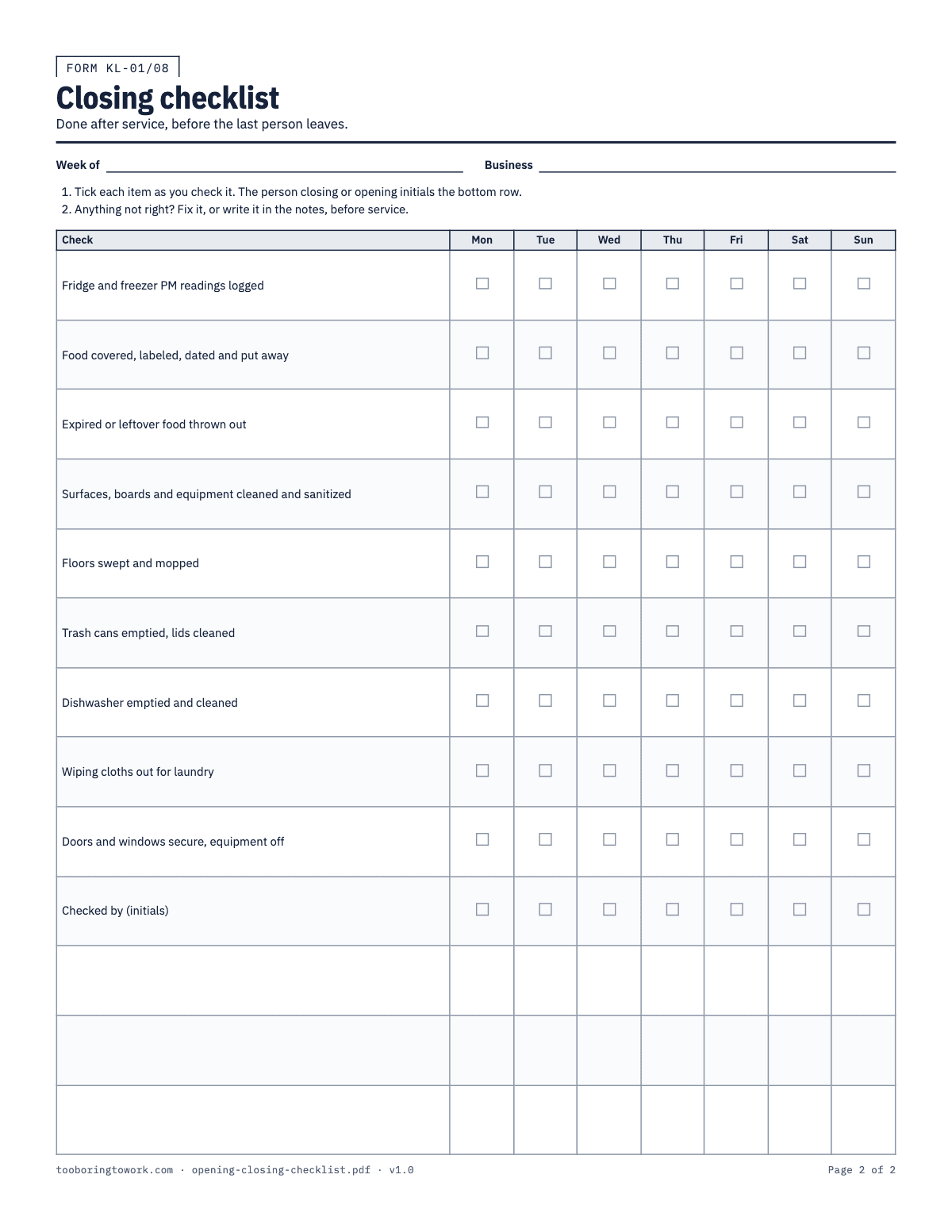 Restaurant Opening and Closing Checklists, Letter printable PDF preview, page 2