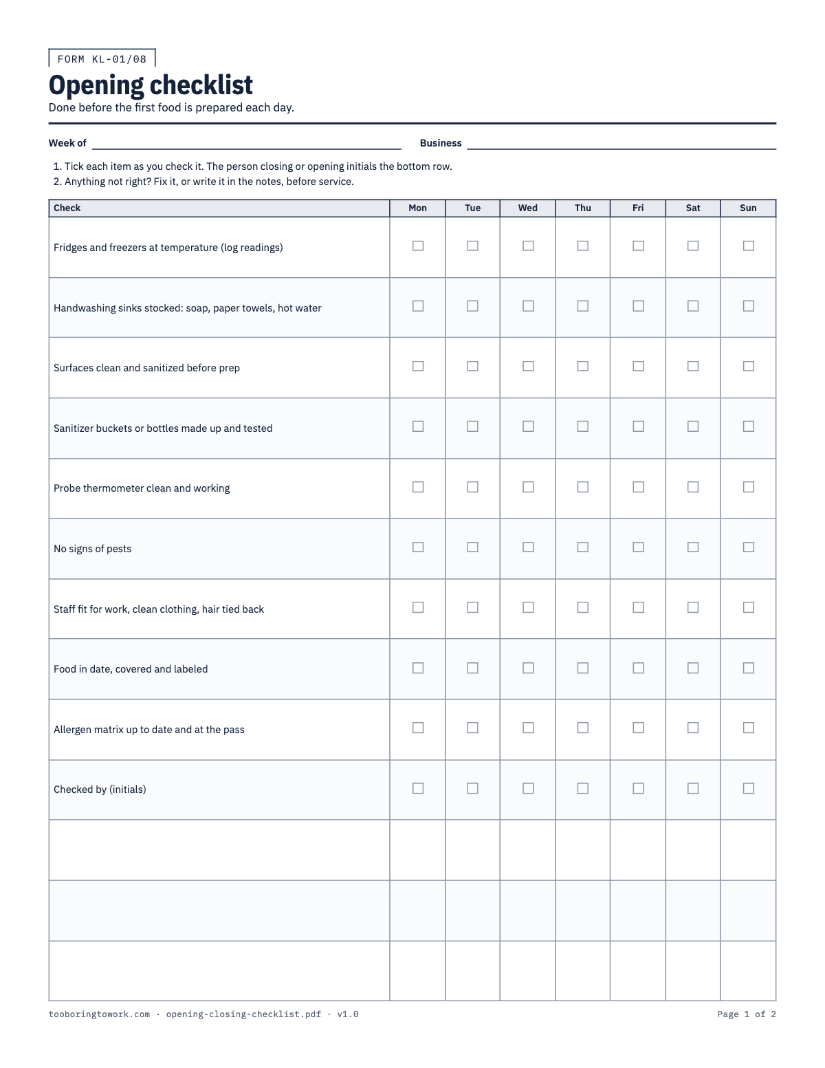 Restaurant Opening and Closing Checklists, Letter printable PDF preview