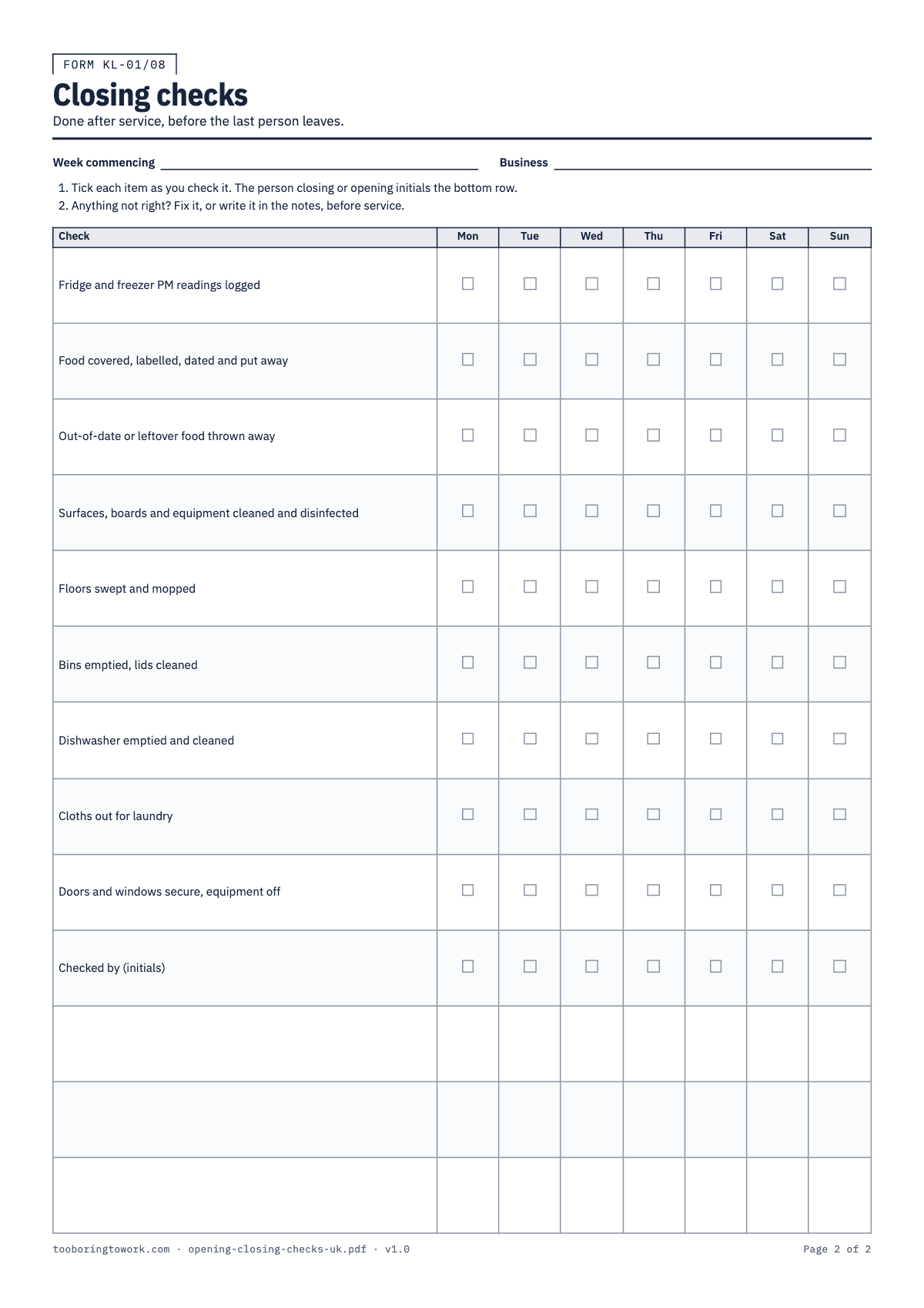 Opening and Closing Checks, A4 printable PDF preview, page 2