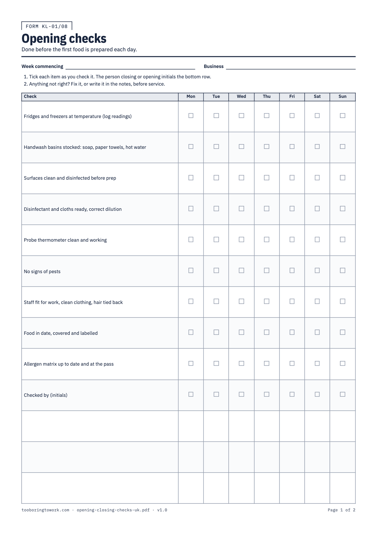Opening and Closing Checks, A4 printable PDF preview